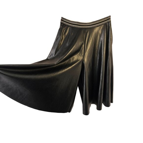 Halogen Black Faux Leather Midi Gaucho Split Skirt Sz M Stripe Elastic Waistband - Picture 5 of 9